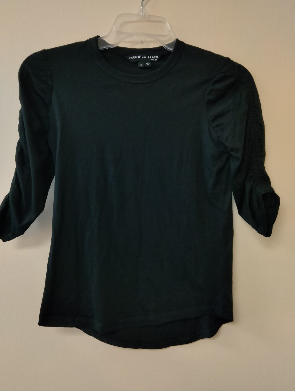 Veronica Beard (Size XS) Black Pima Cotton Gathered-Sleeve Crewneck Waldorf Tee